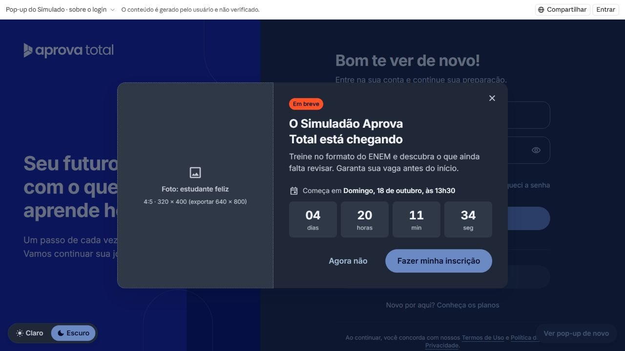 Modal de inscrição do Simuladão no tema escuro